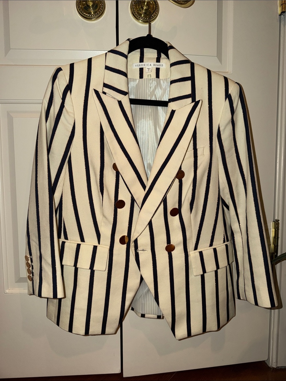 Veronica Beard White Blazer with Navy and Gold Vertical Stripes